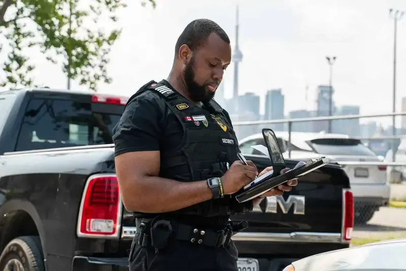 Security officer writing up a report beside a pickup truck
