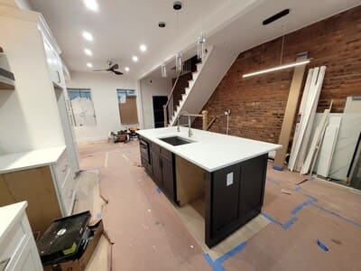 Spacious kitchen island with a white countertop