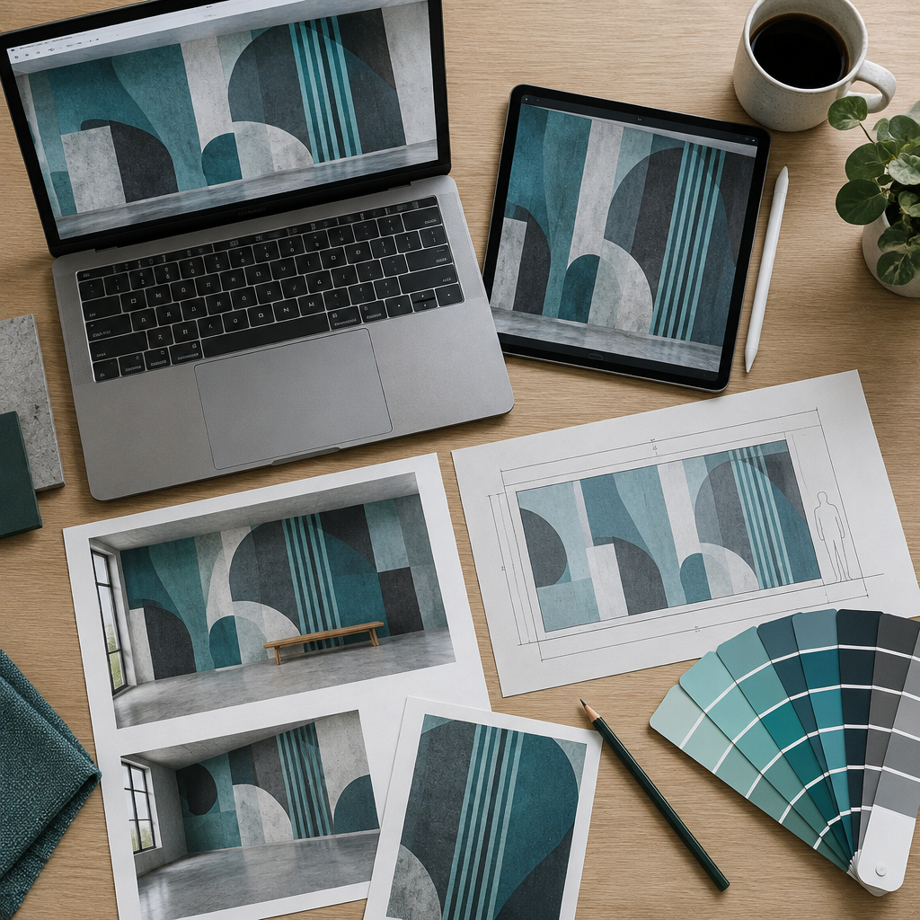 Interior wall concept showing a finished teal geometric design