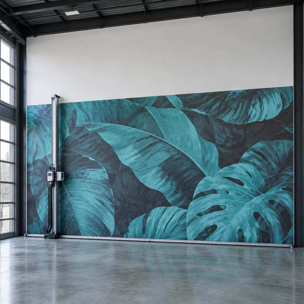 Finished teal circular wall design in a dark interior