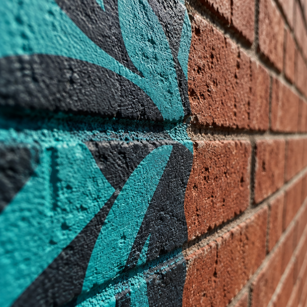 Close-up of a printed design crossing brick and mortar joints