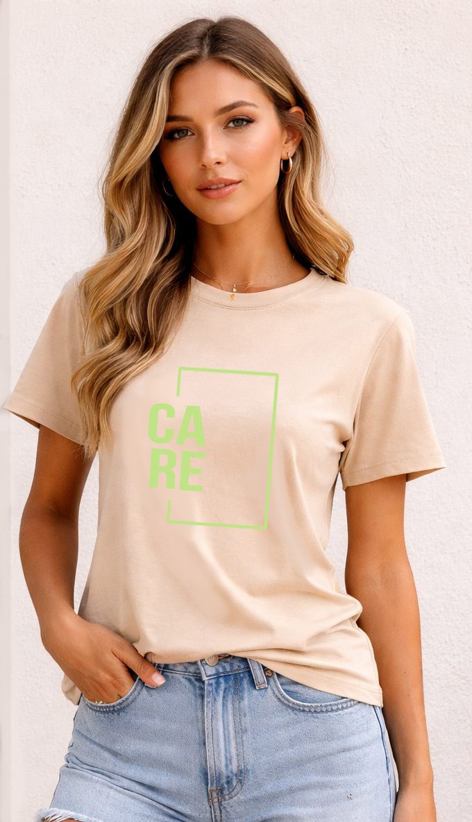 Woman wearing the Sahara Stone CARE Tee with a lime design