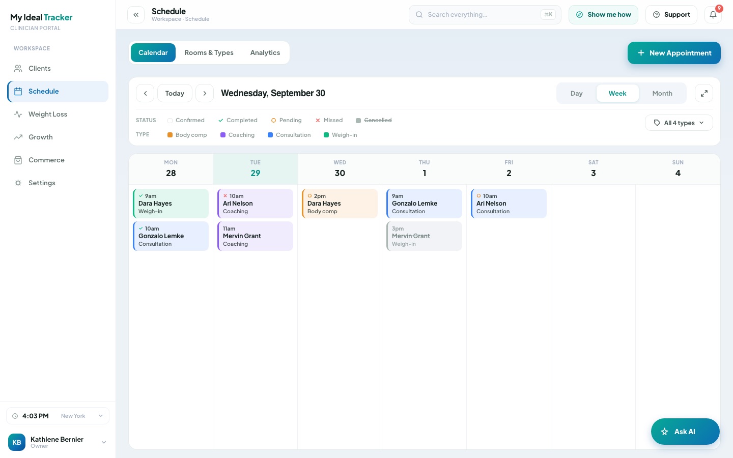 Weekly appointment calendar
