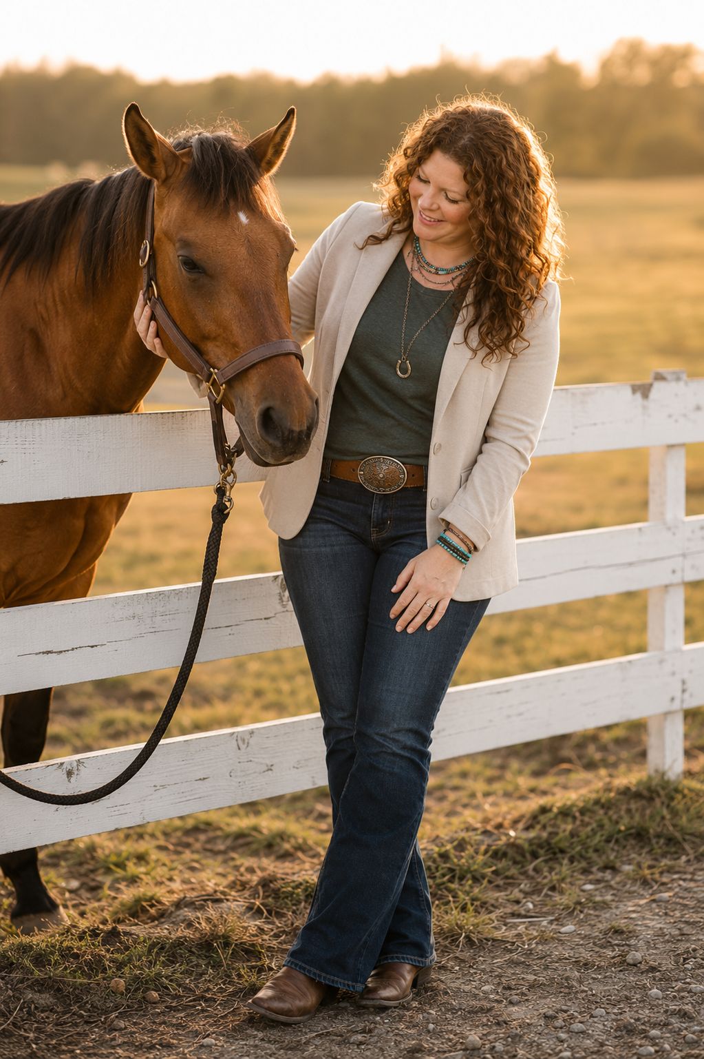 Britt with her horse at the fence at golden hour