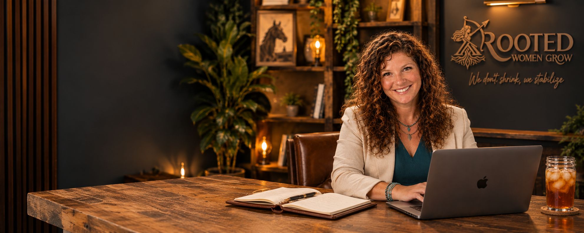 Britt Moore at her desk in the Rooted Women Grow studio