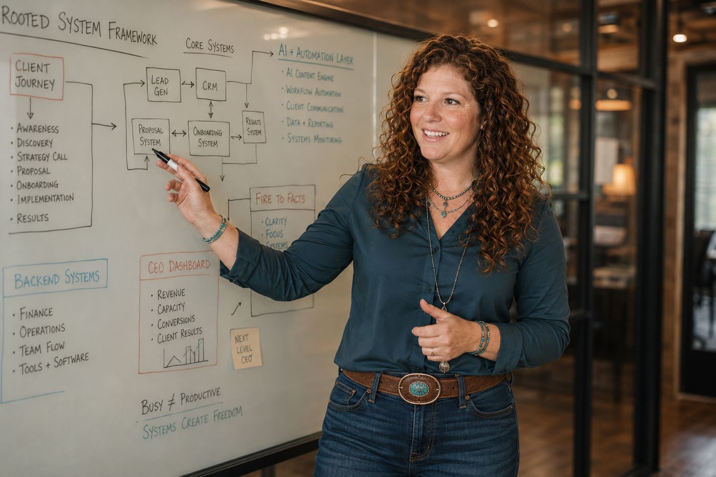 Britt mapping a system on a glass whiteboard