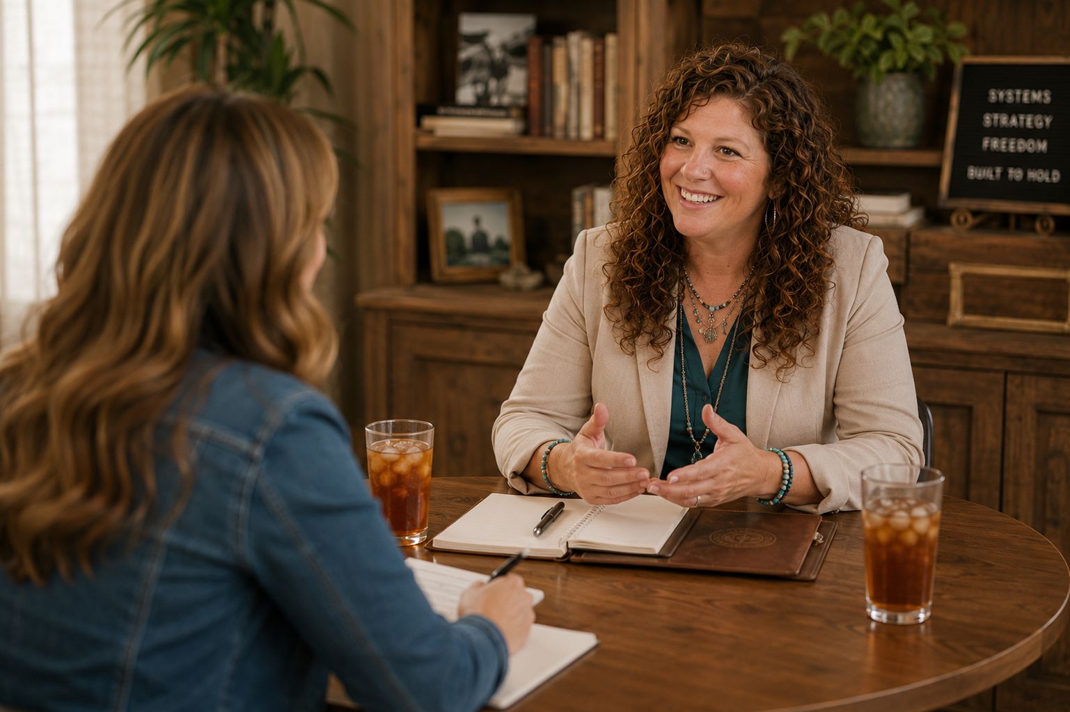 Britt at the table with a client