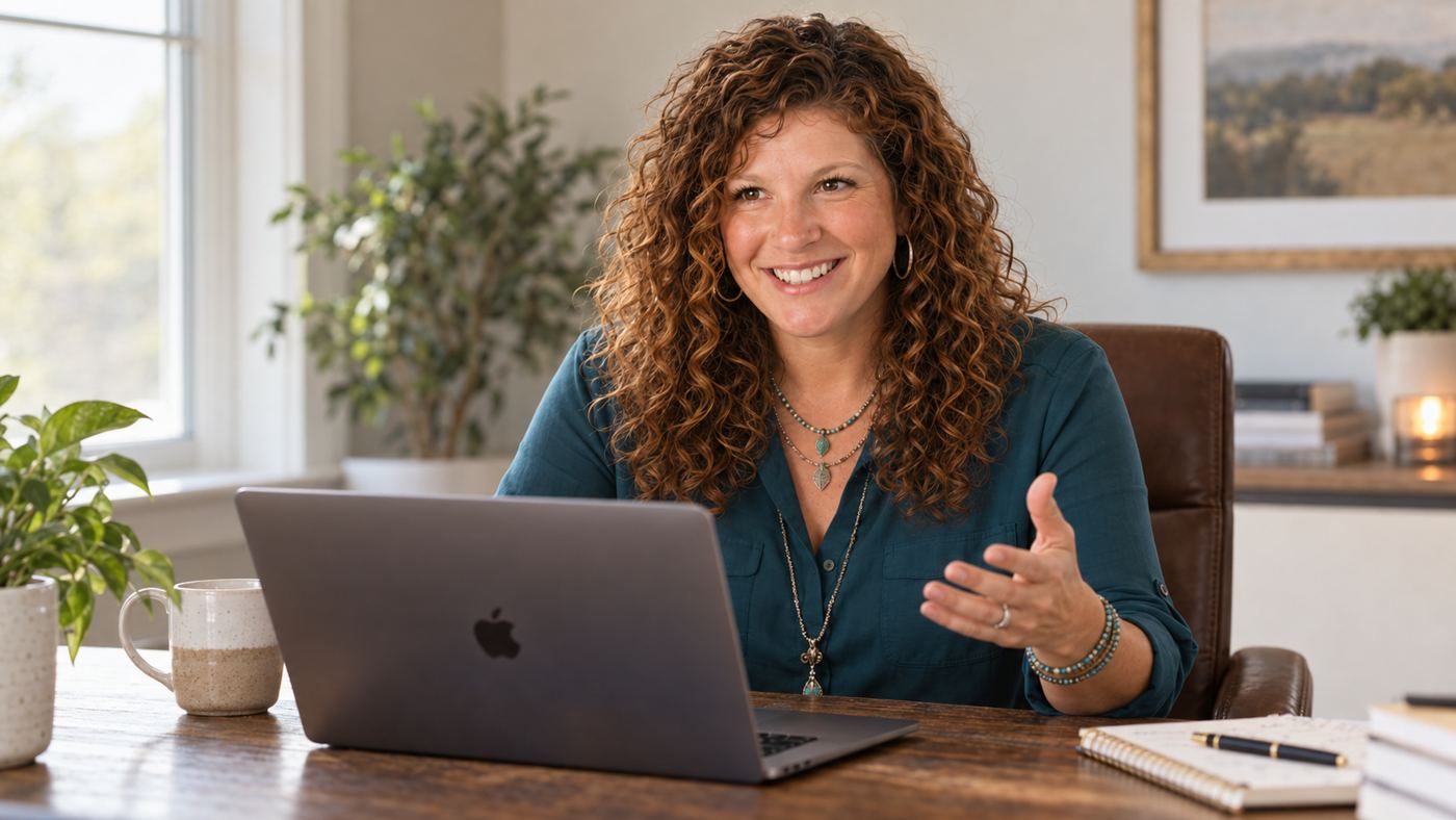 Britt teaching from her desk
