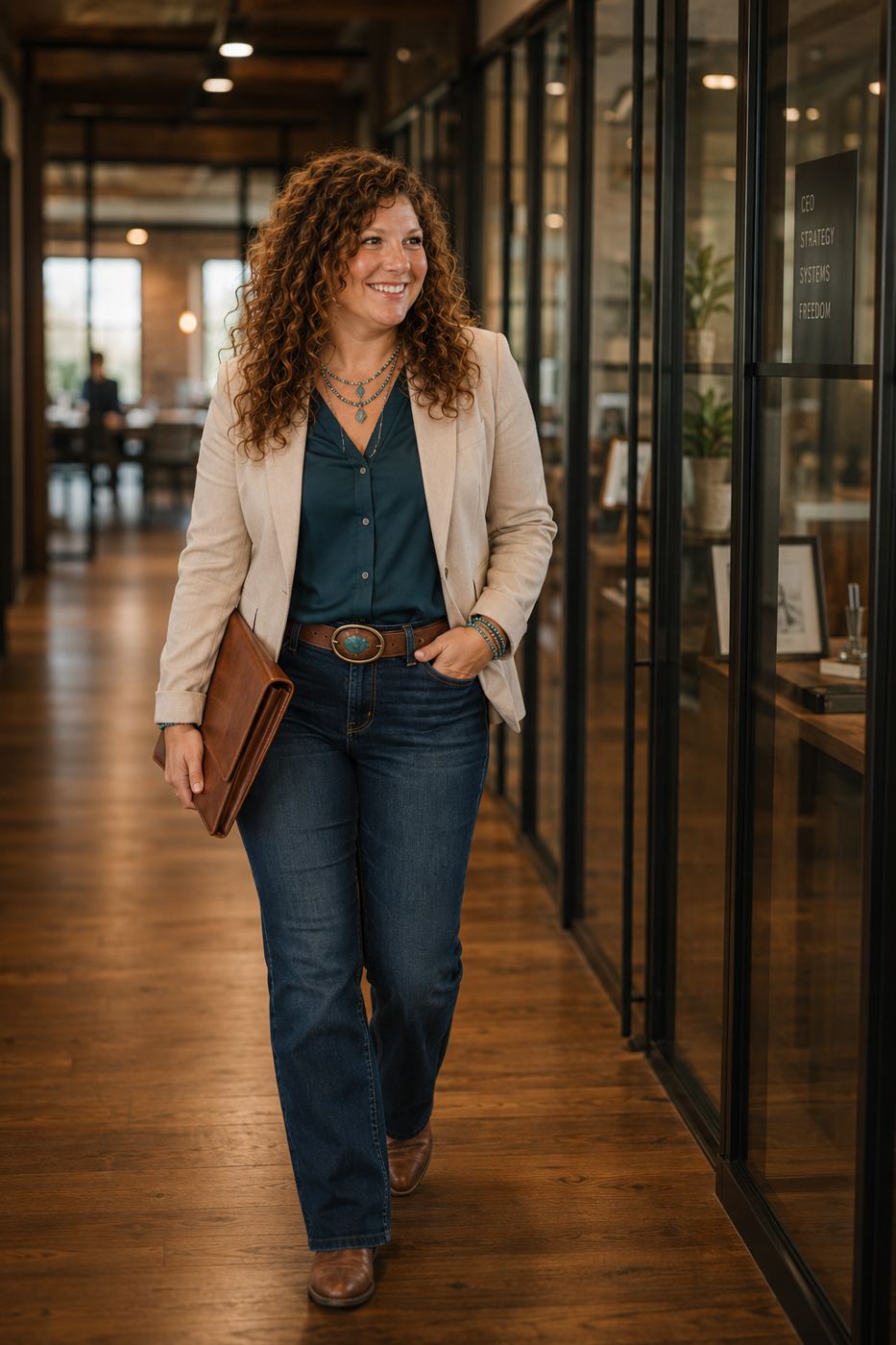 Britt walking through the office