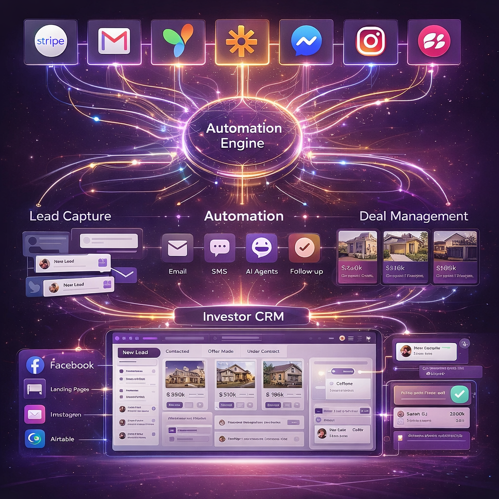 Real estate investor CRM automation system showing integrations like Stripe, Gmail, Zapier, Facebook, Instagram, Airtable, and Calendly connected to an automation engine that organizes leads, messages, and deals in an investor CRM dashboard.