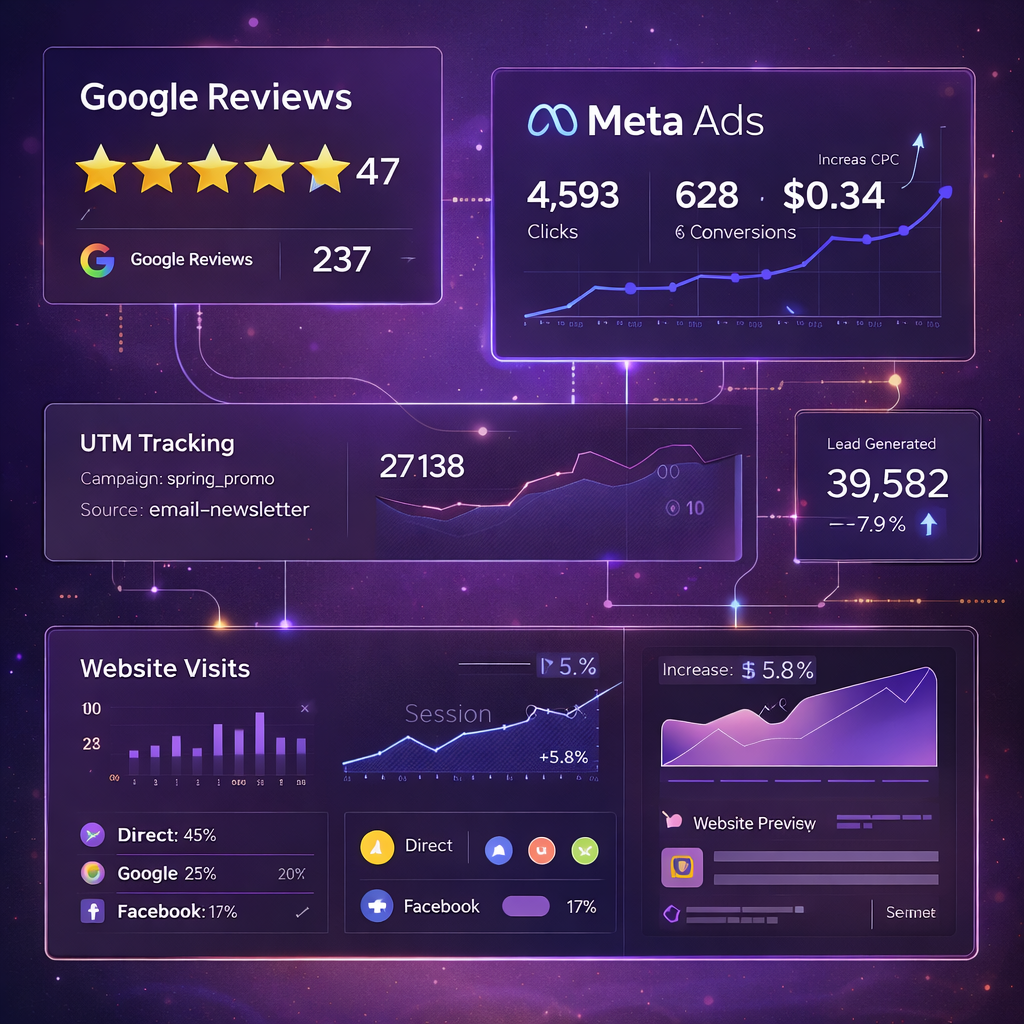 Real-time marketing analytics dashboard displaying Google reviews, Meta ads performance, UTM campaign tracking, website traffic statistics, and lead generation metrics for real estate investor marketing systems.
