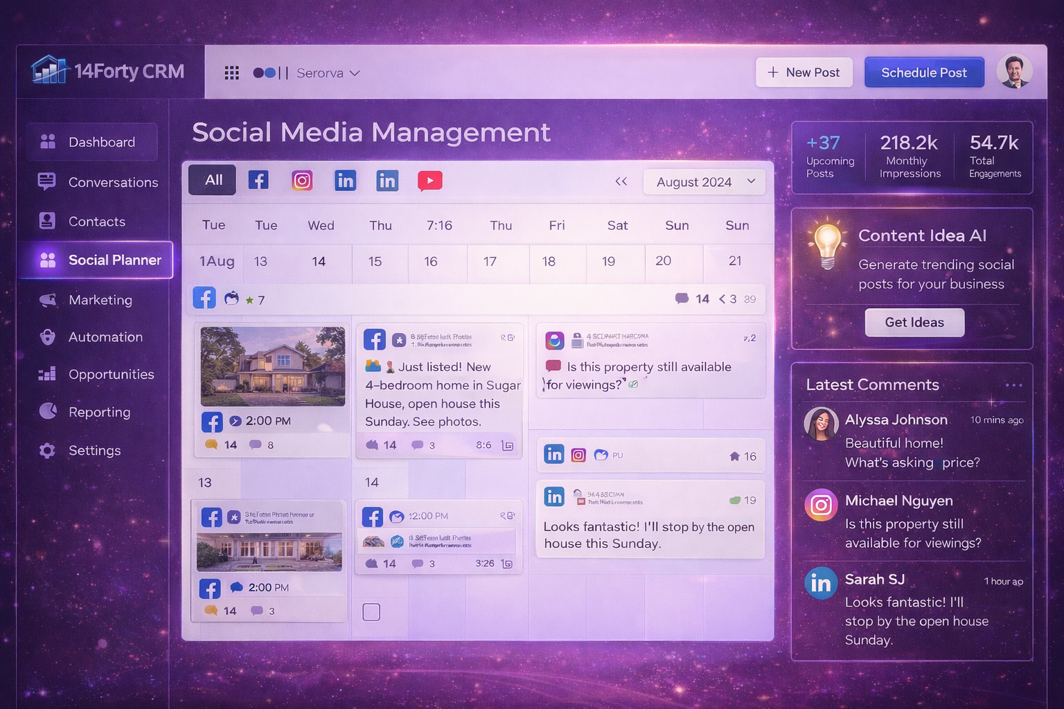 Social media planner dashboard inside 14Forty CRM showing scheduled posts for Facebook, Instagram, LinkedIn, and YouTube with a content calendar, engagement analytics, and automated publishing tools.