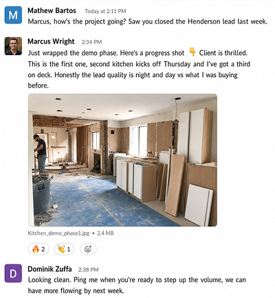 Marcus W. — kitchen demo phase complete, lead quality night and day