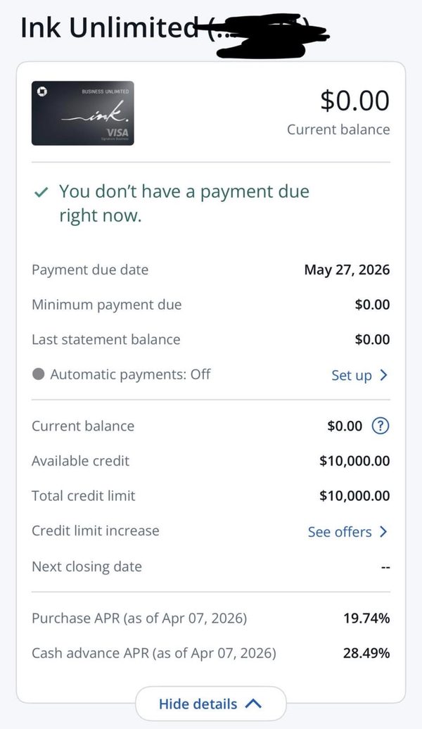 Screenshot of a business credit card account showing a $10,000 credit limit