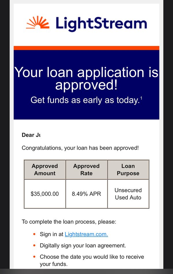 Screenshot of a $35,000 auto loan approval at 8.49% APR
