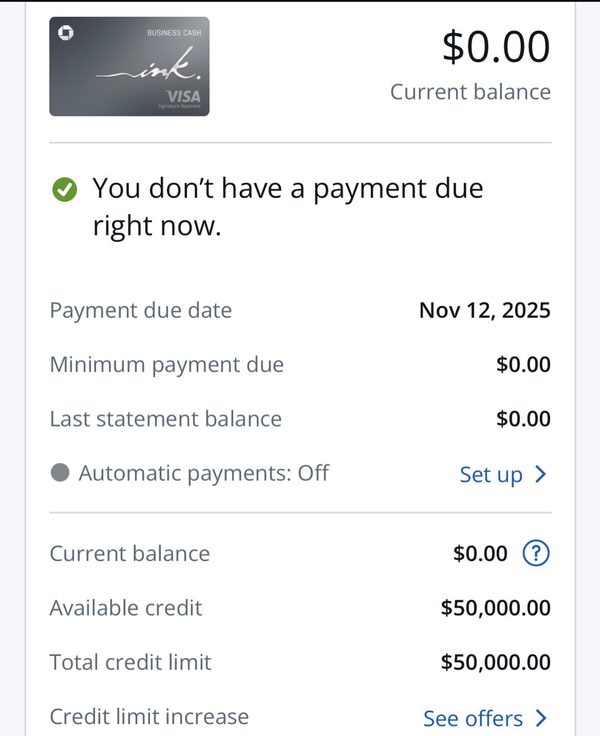 Screenshot of a business credit card account showing a $50,000 credit limit