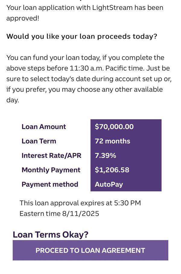 Screenshot of a $70,000 loan approval at 7.39% APR