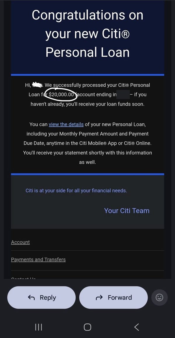 Screenshot of a $20,000 personal loan approval email