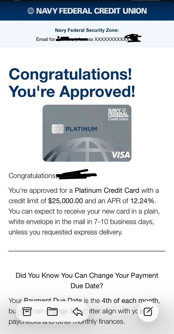 Screenshot of a credit card approval with a $25,000 limit at 12.24% APR