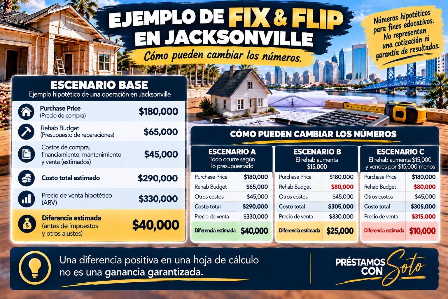 Ejemplo hipotético de Fix and Flip en Jacksonville con costos de compra rehabilitación y tres escenarios de ganancia estimada