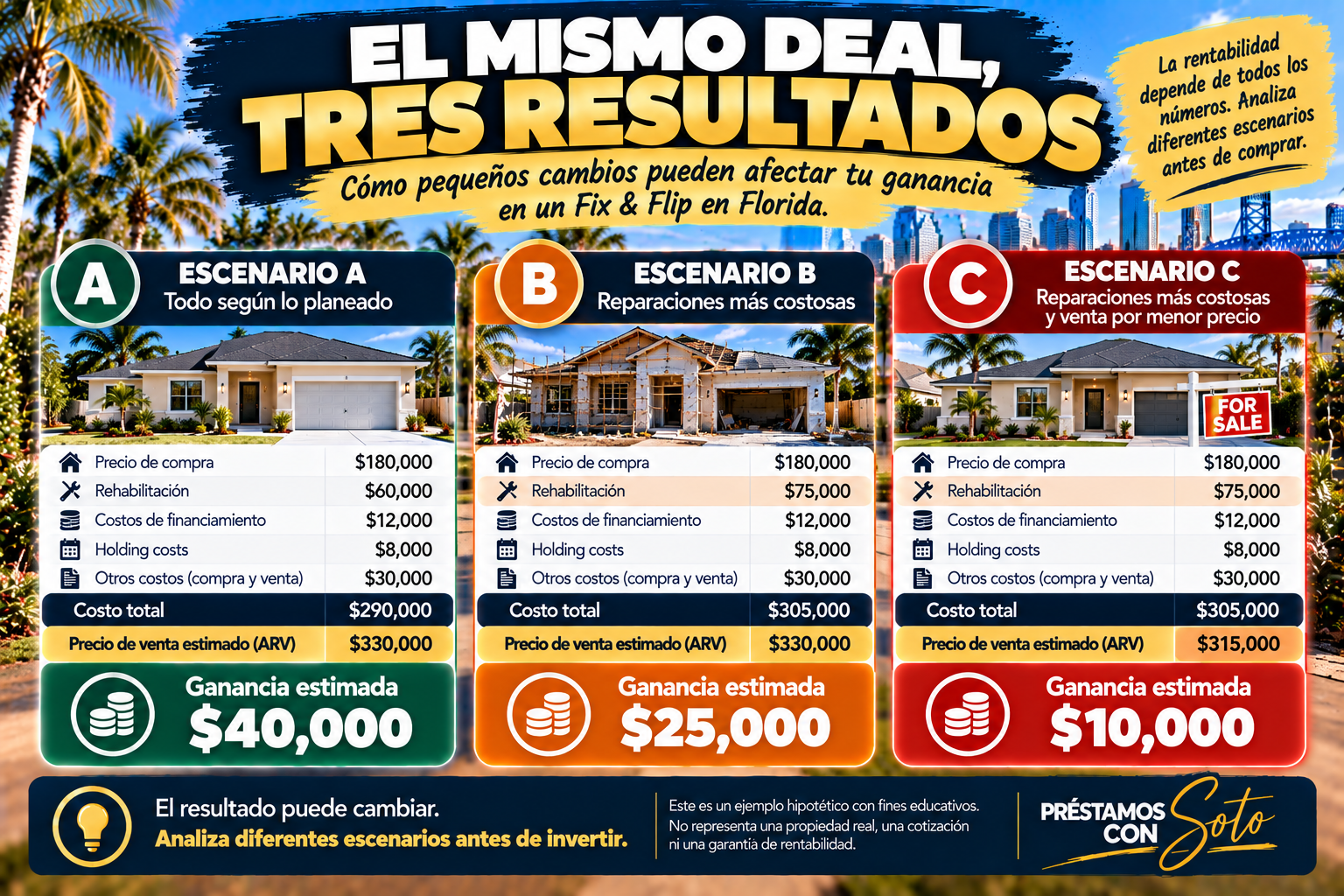 Tres escenarios hipotéticos de rentabilidad de una inversión Fix and Flip en Florida