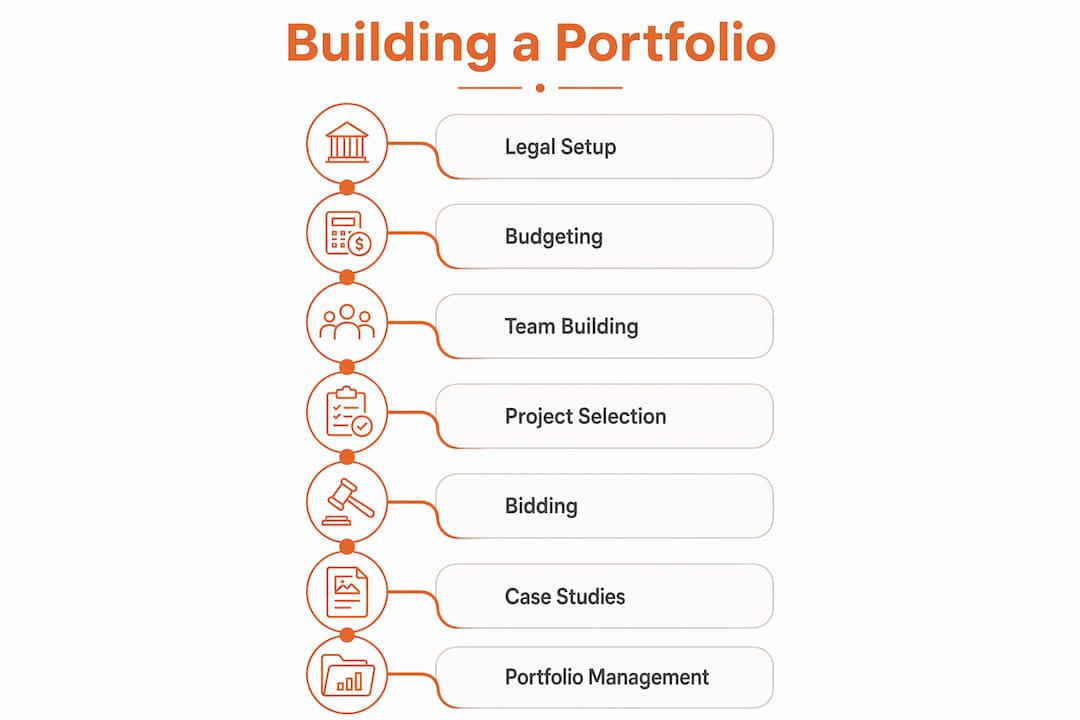 Infographic illustrating construction portfolio building steps