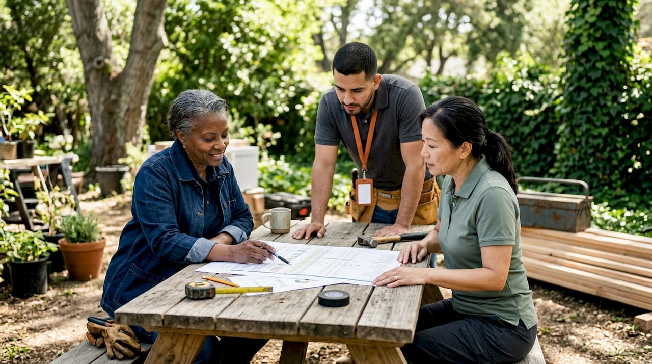 Team planning construction startup budget in warehouse office