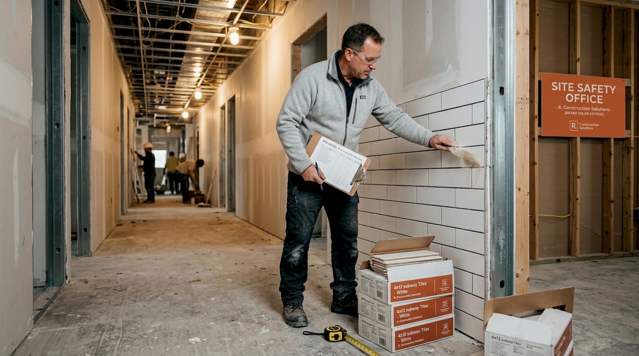 Foreman inspecting detailed tile installation on site