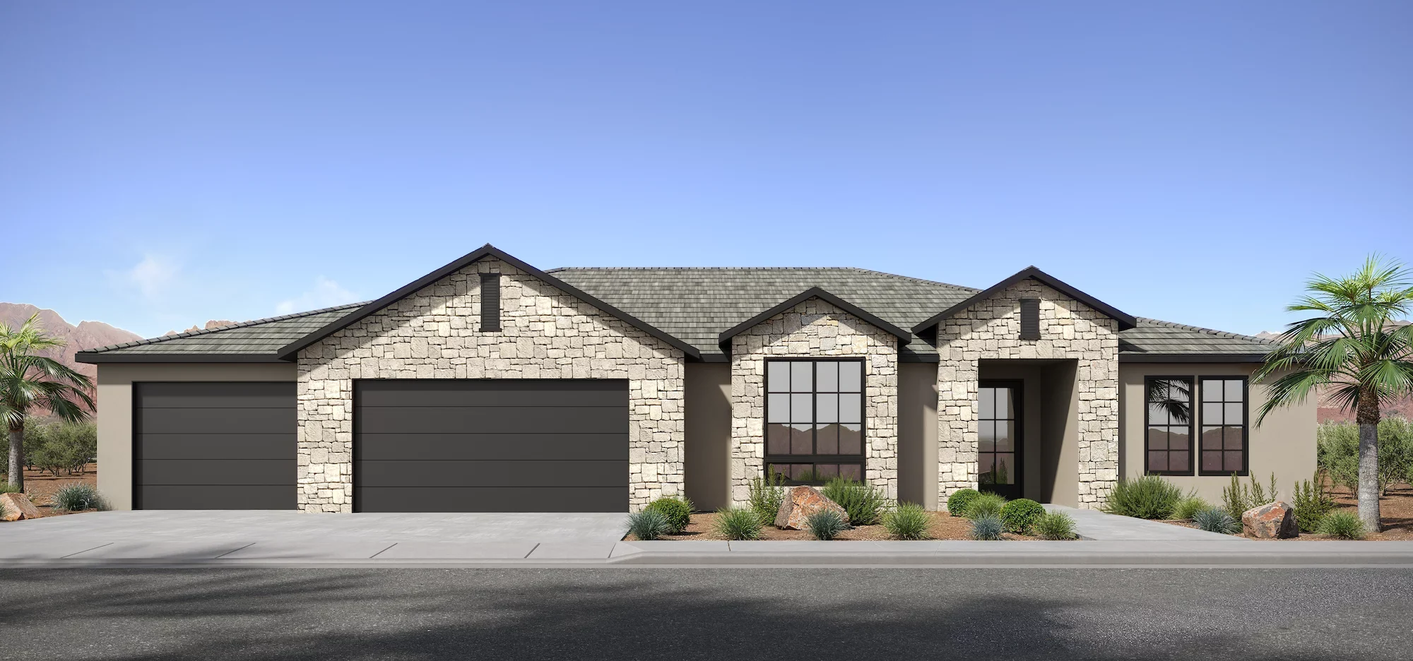 Architectural rendering of the Poppy home; illustrative finishes and landscaping