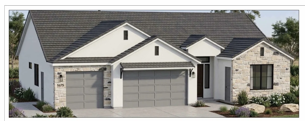 Architectural rendering of the Iris home; illustrative finishes and landscaping