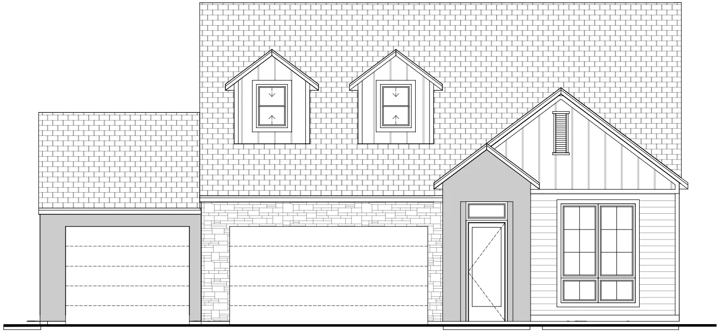 Full front architectural elevation drawing of the Sunflower home; illustrative presentation