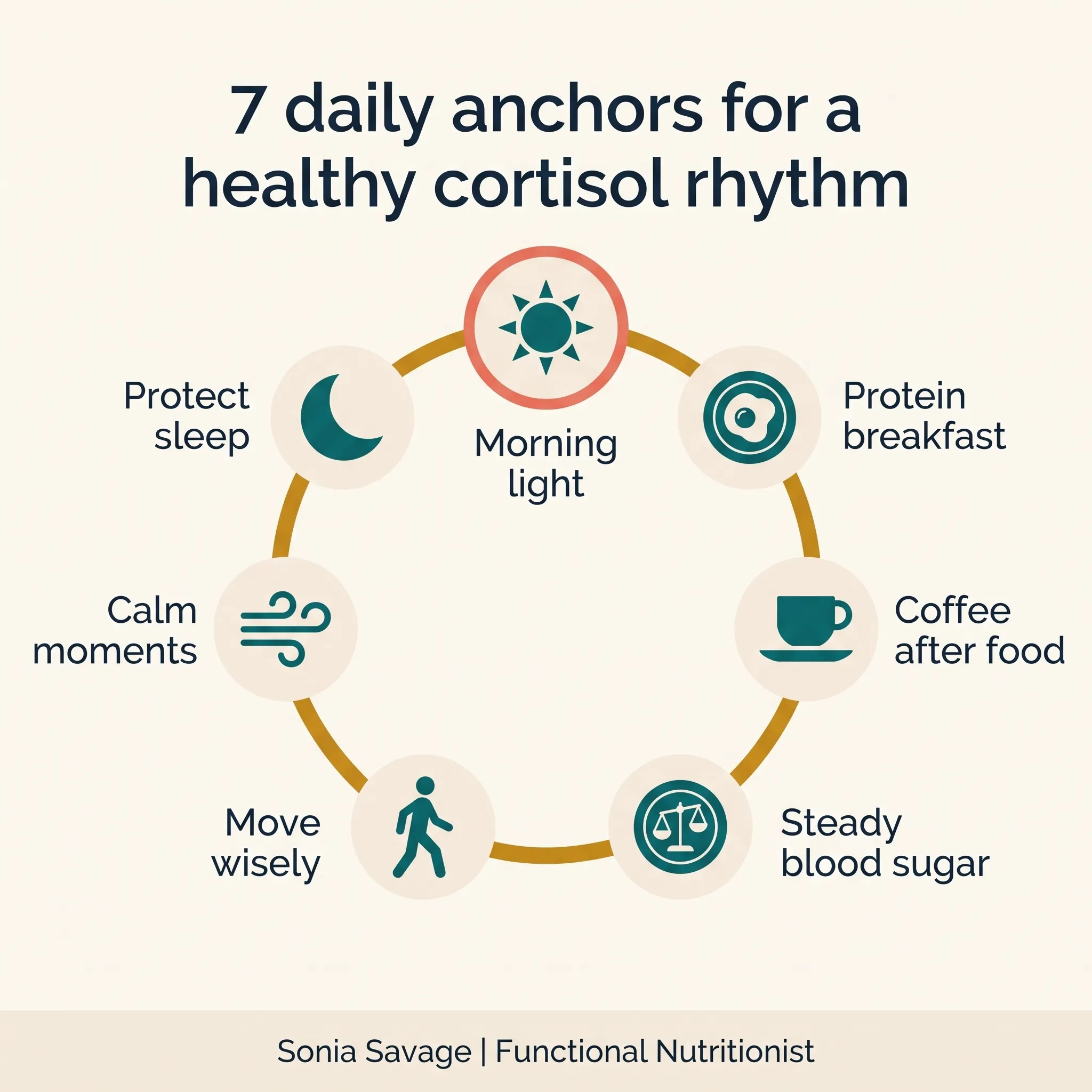 Checklist infographic of six common signs of a disrupted cortisol rhythm in perimenopause.