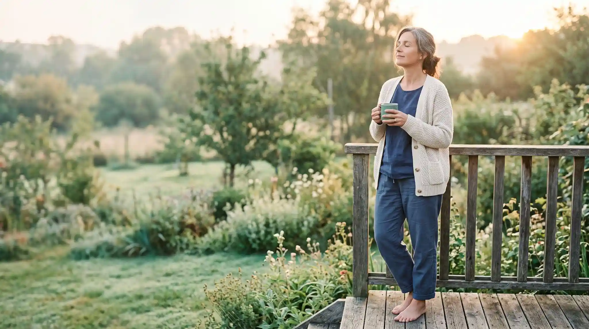 A woman in her forties enjoying calm morning light on a balcony, illustrating a healthy start to the daily cortisol rhythm.