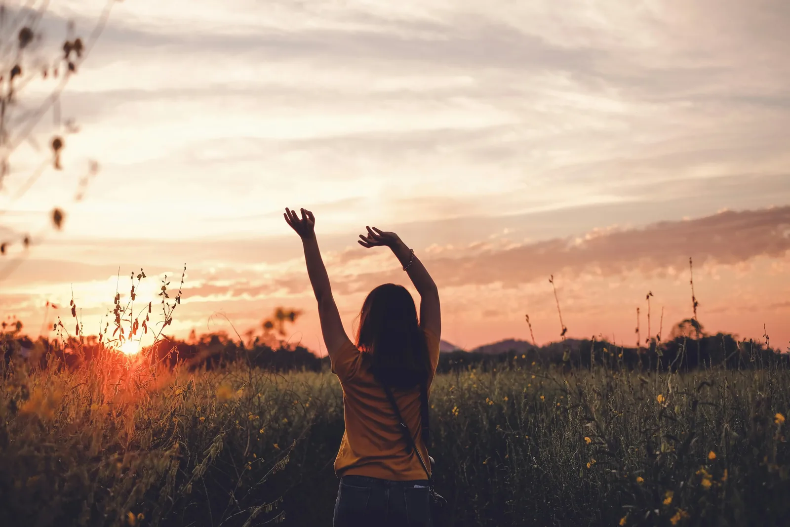 Woman raising her arms in a grassy field at sunset