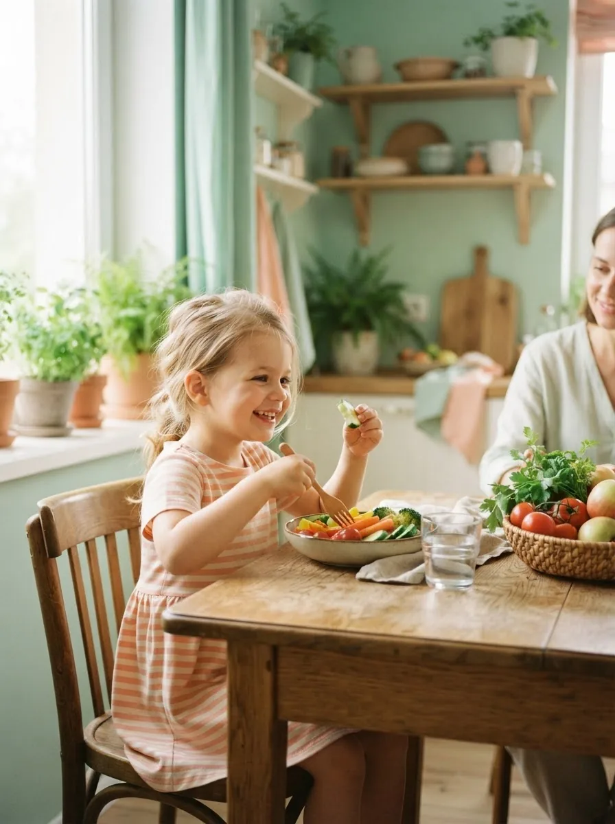 Young child smiling while eating fresh vegetables at a kitchen table
