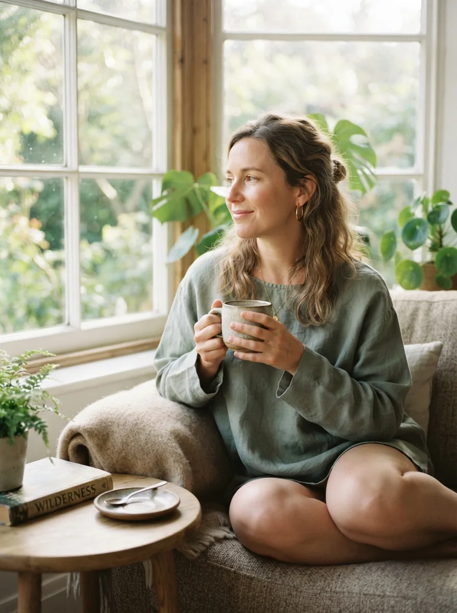 Woman holding a cup of herbal tea, sitting by a sunlit window