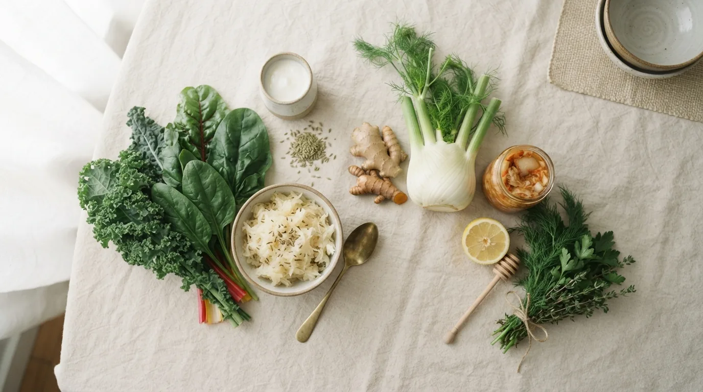 Leafy greens, fennel, ginger, herbs and grains laid out on a linen table
