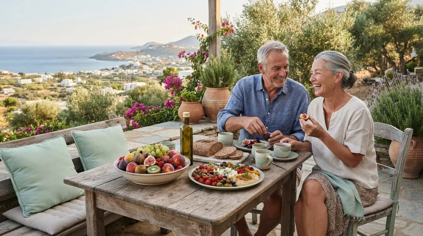 Older couple sharing a fresh, colourful meal on a sunny terrace overlooking the sea