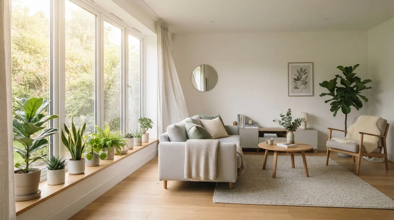 Bright, airy living room with large windows and indoor plants