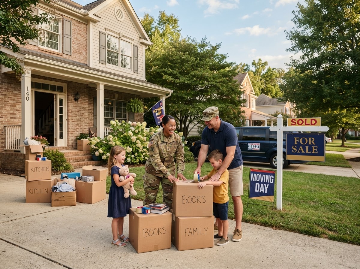 A military family packing moving boxes in front of a home with a For Sale sign.
