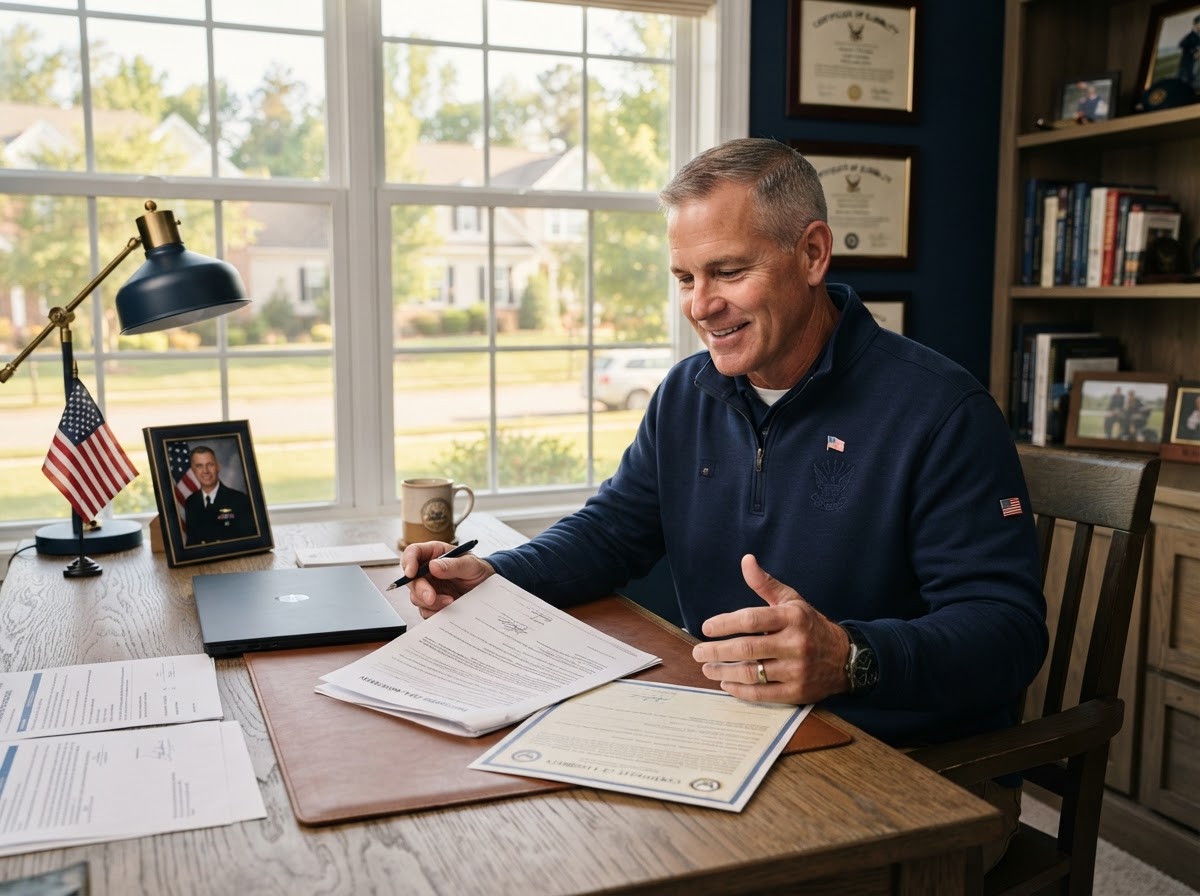 A military Veteran reviewing mortgage documents and a Certificate of Eligibility at home.