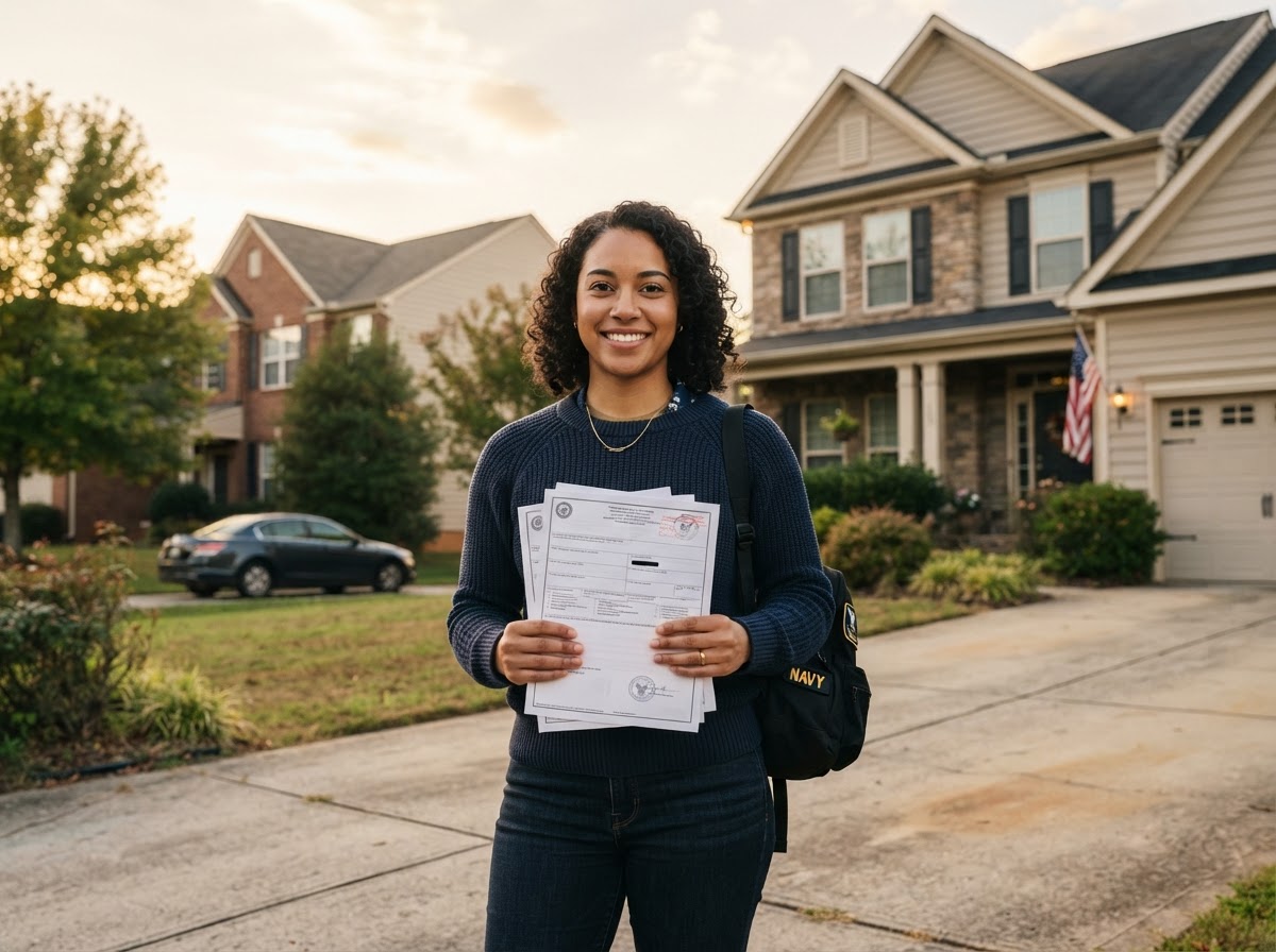 An active-duty service member reviewing PCS orders with two homes in the background.