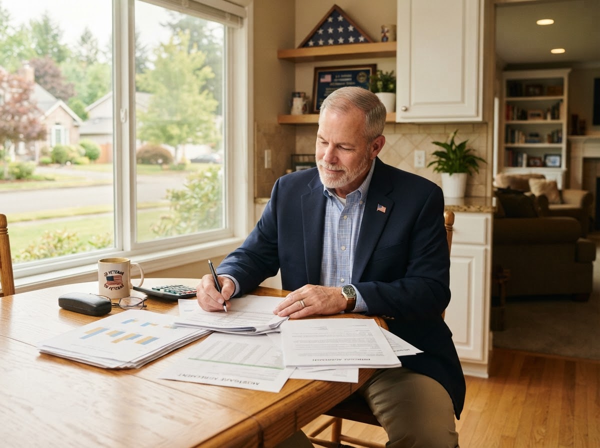 A retired military Veteran reviewing financial paperwork at a kitchen table.