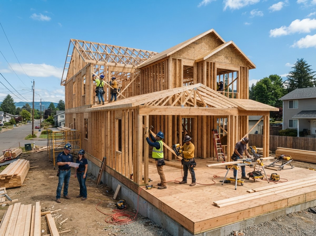 A newly constructed home at the framing stage with a builder on site.