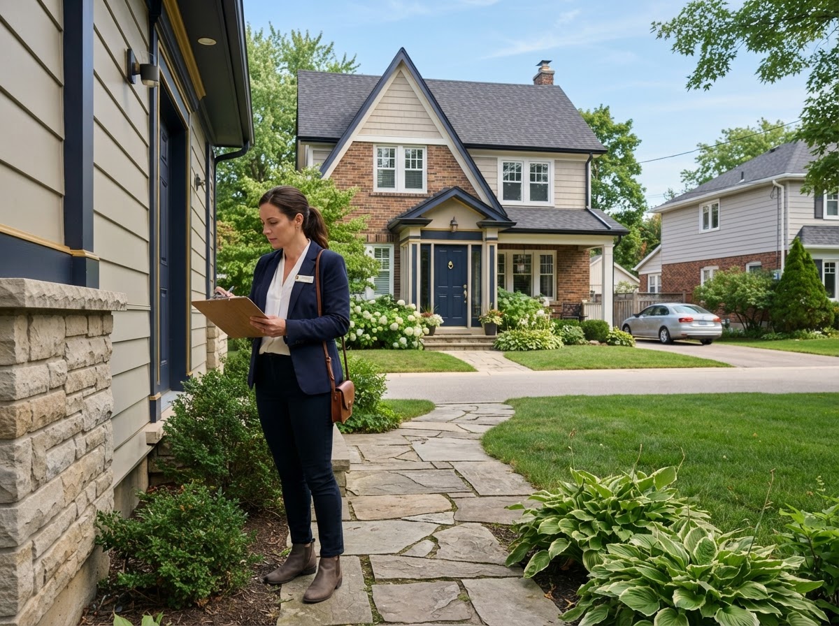A professional home appraiser inspecting the exterior of a suburban home.