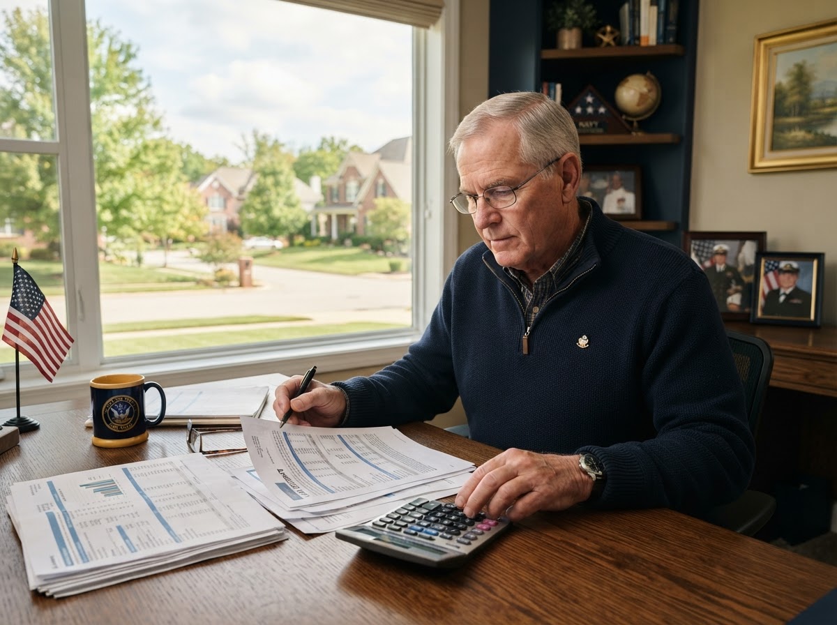 A military Veteran reviewing refinance documents with a calculator.