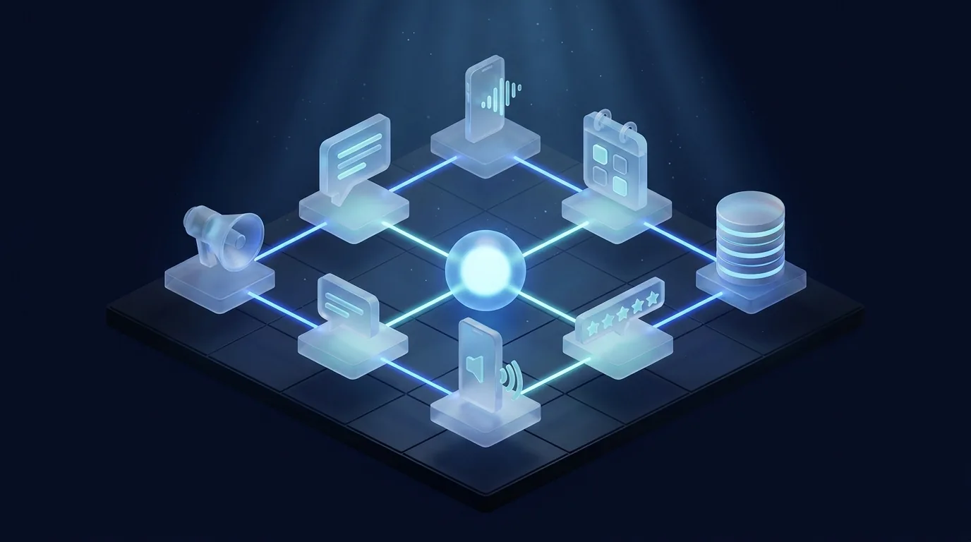 Connected modules for ads, messaging, voice calls, calendar, reviews and CRM linked to a central AI core