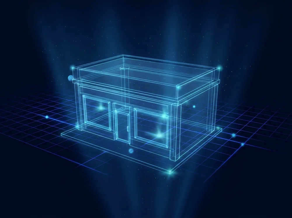 Holographic wireframe of a business being scanned by a blue laser grid