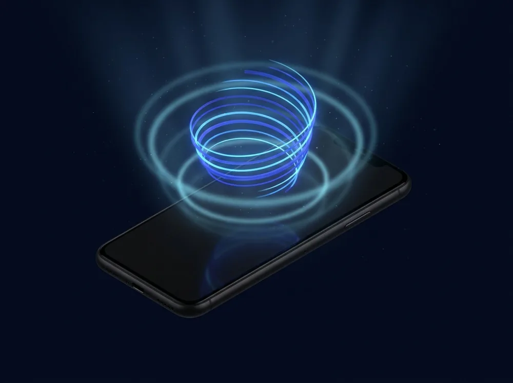 Smartphone with a glowing blue holographic sound wave representing an AI voice agent answering a call