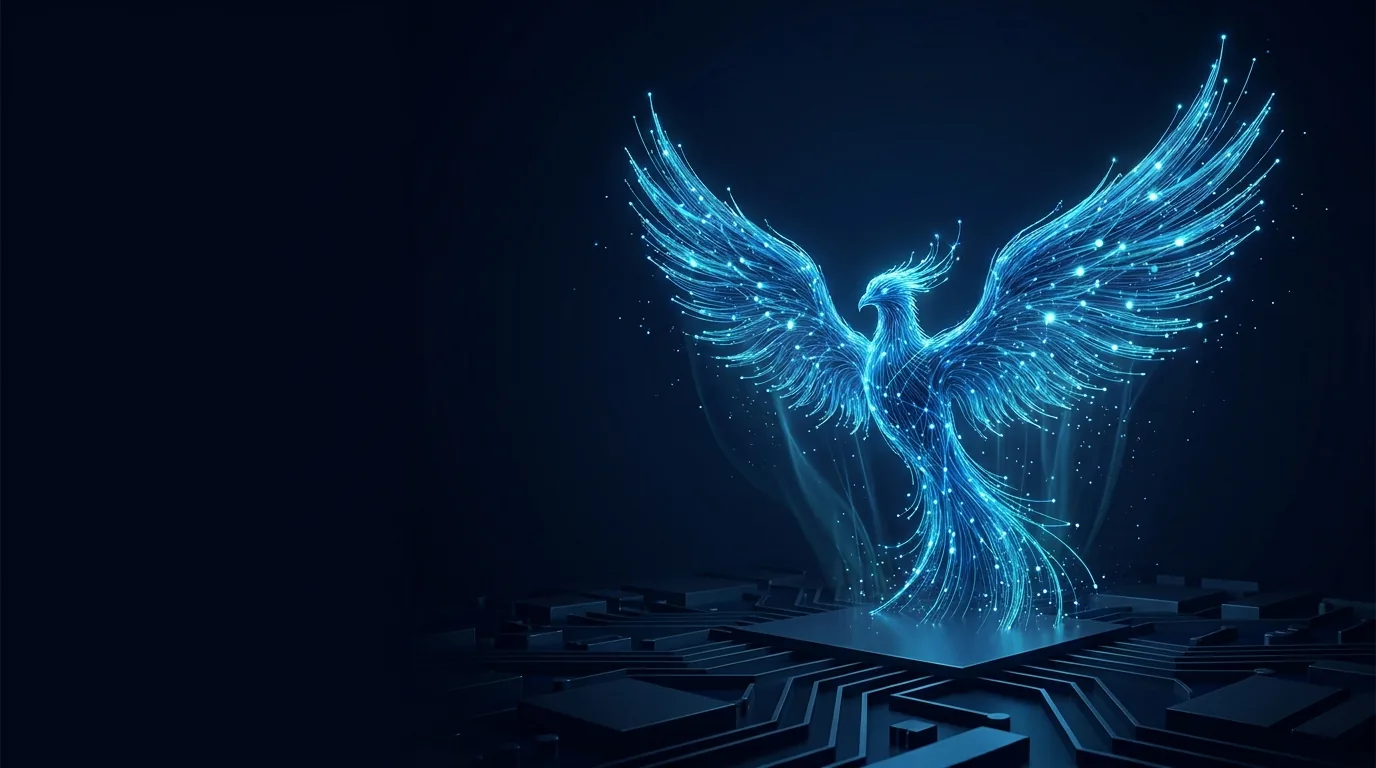 Abstract phoenix made of blue data streams rising from a circuit board, representing AI growth infrastructure